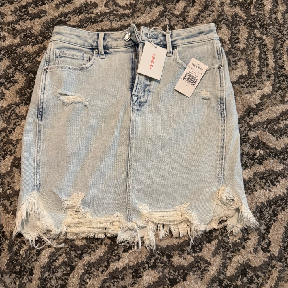 Good American Light Blue Frayed Mini Skirt